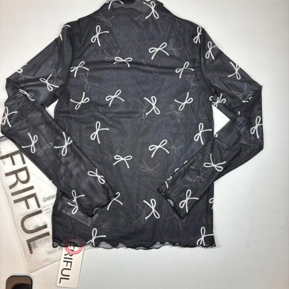 Friful Black Mesh Long Sleeve Mock Neck Bow Top Women Sheer Whimsigoth Small NWT